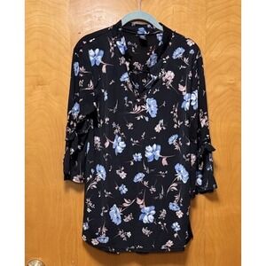 Lildy Womens Floral Split Tie Sleeve V-Neck Tunic Boho Black Size S/M